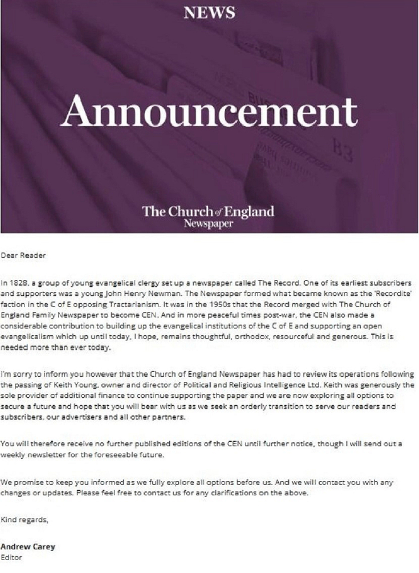 世界最悠久教会报纸《英国圣公会报》停刊