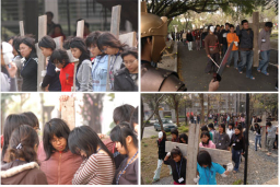 台中學生背真實木製十架走苦路 體會耶穌痛苦身心