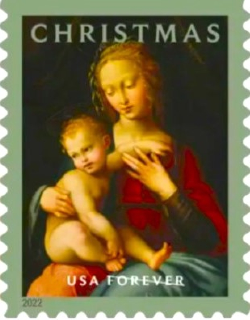 文艺复兴油画《童贞女与圣子》化身圣诞邮票